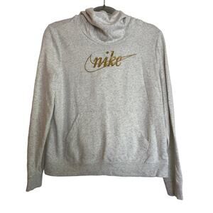 Nike Womens High Neck Gold Logo Hoodie Sweatshirt Size M Gray Fleece Athleisure